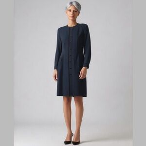 Debra Michaels Collection‎ Black Crepe Midi Dress, Velvet Trim, Buttons, Size 8